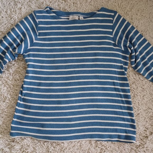 L.L. Bean Women’s Large Blue White Striped Boatneck 3/4 Sleeve 100% Cotton Shirt - Picture 1 of 5